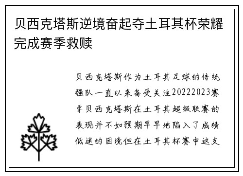 贝西克塔斯逆境奋起夺土耳其杯荣耀完成赛季救赎 贝西克塔斯逆境奋起夺土耳其杯荣耀完成赛季救赎