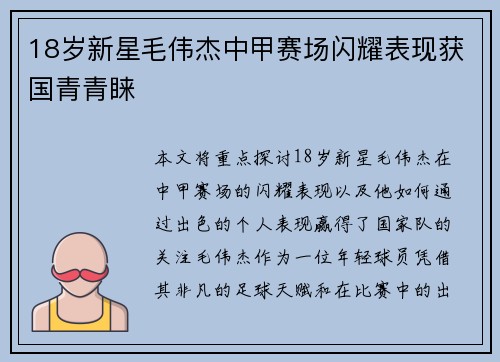 18岁新星毛伟杰中甲赛场闪耀表现获国青青睐